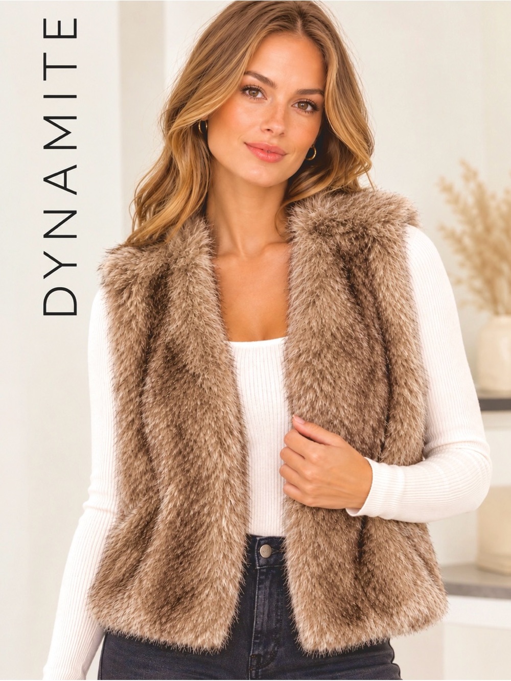 DYNAMITE Plush Faux Fur Vest-Brown and Cream Beige